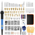 Wood burning kit with adjustable temperature pen, various tips, stencils, colored pencils, tweezers, gloves, and storage case.