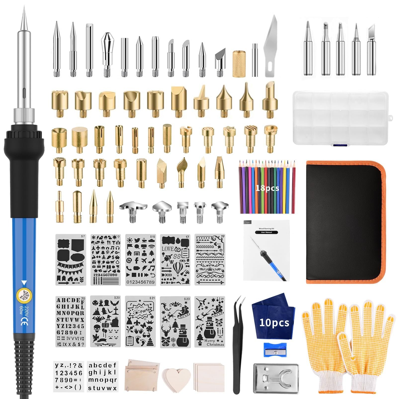 Wood burning kit with adjustable temperature pen, various tips, stencils, colored pencils, tweezers, gloves, and storage case.
