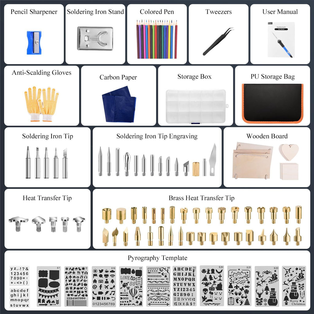 Collage of wood burning kit components including pencil sharpener, soldering iron stand, colored pens, tweezers, user manual, gloves, carbon paper, storage box, PU bag, various tips, wooden boards, and stencils.