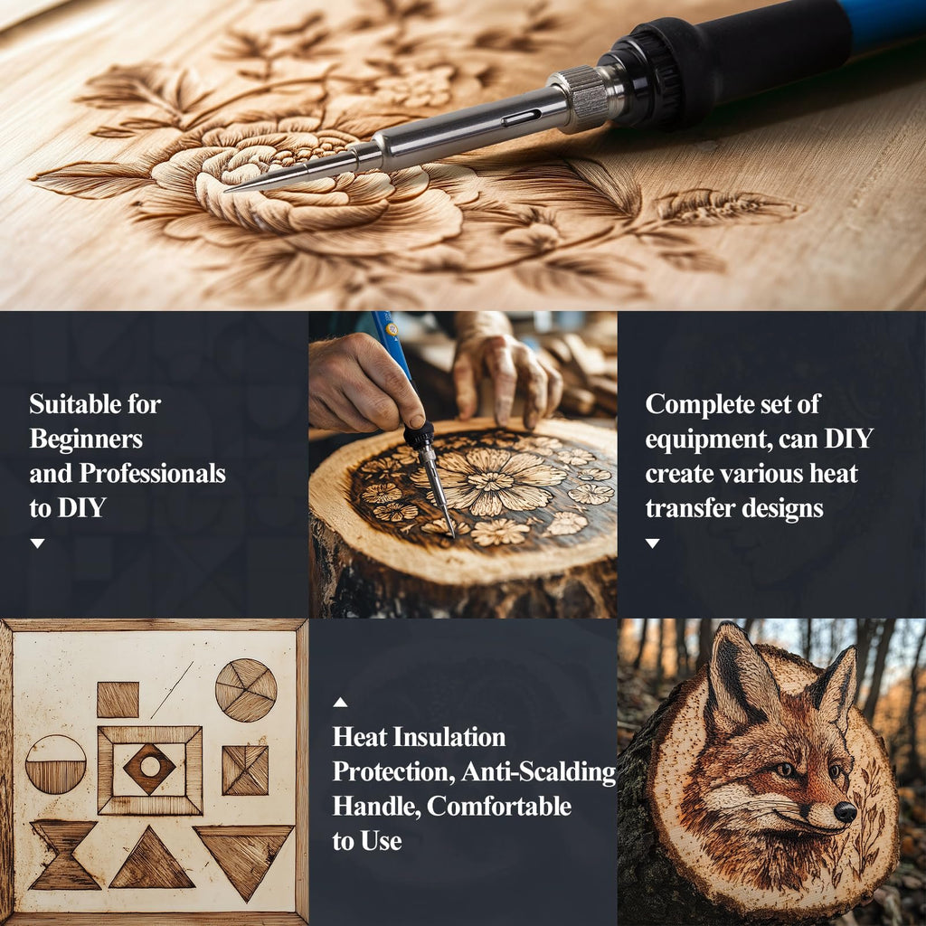 Wood burning kit pen creating floral designs on wood, with inset images of wood carving and a fox carving on a log.