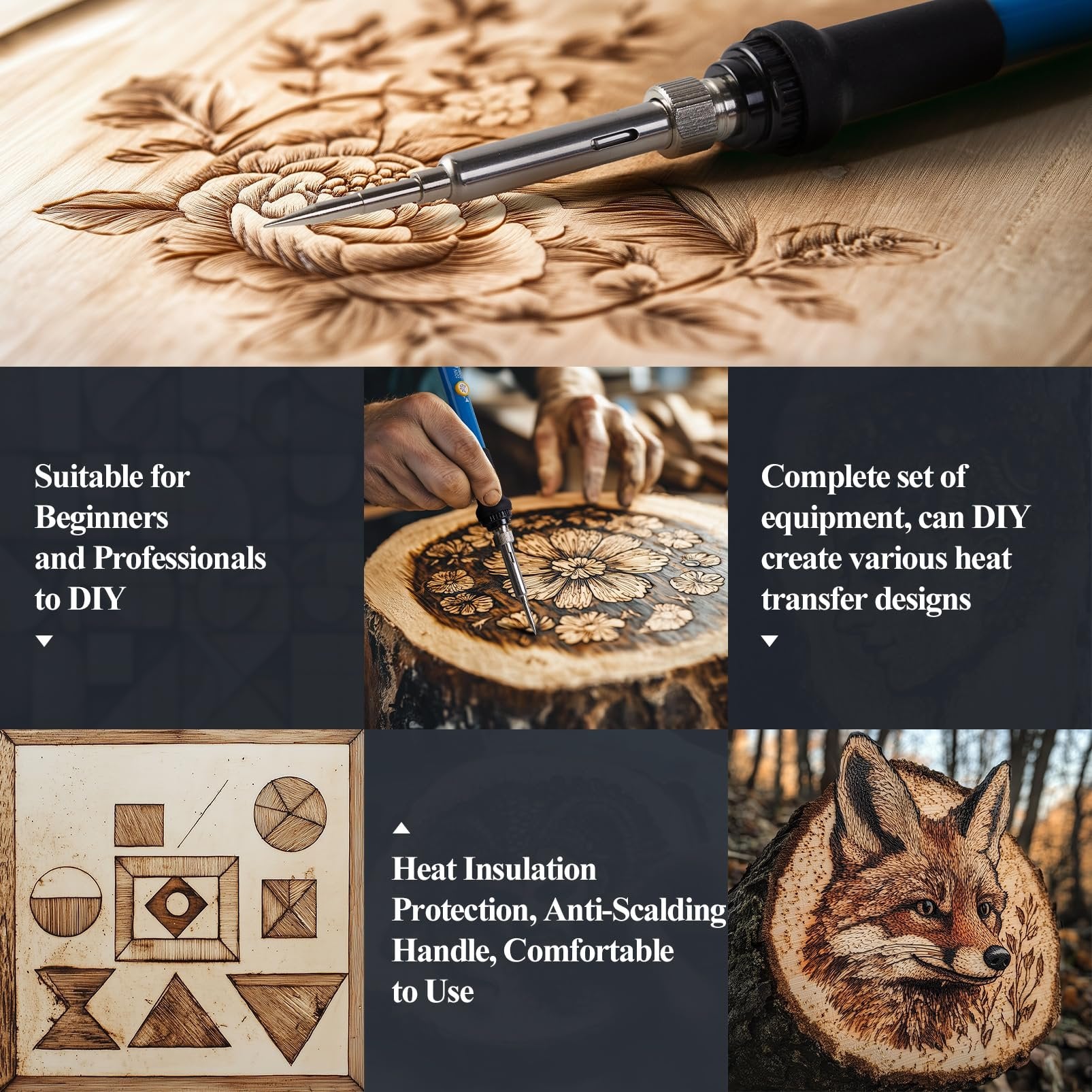 Wood burning kit pen creating floral designs on wood, with inset images of wood carving and a fox carving on a log.