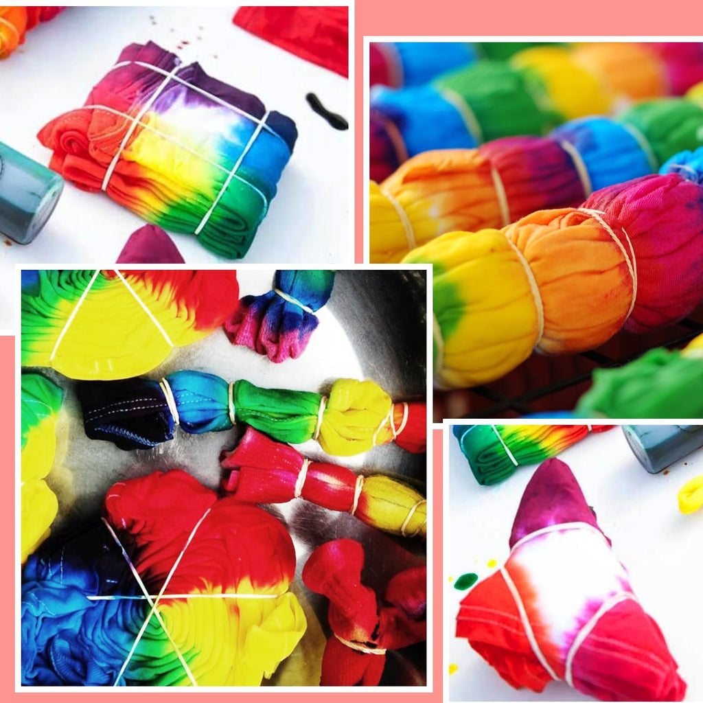 Collage of tie-dye fabric pieces folded and secured with rubber bands, showing various color combinations and folding techniques.