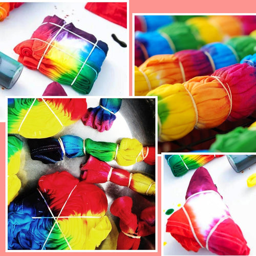 Collage of tie-dye fabric pieces folded and secured with rubber bands, showing various color combinations and folding techniques.