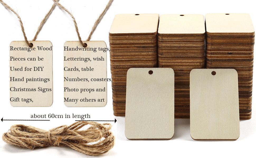 Unfinished wood rectangle cutouts with hemp rope, showing stacks of wood tags and text describing uses.