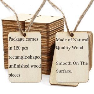 Stack of unfinished wood rectangle cutouts with hemp rope, two showing text labels.