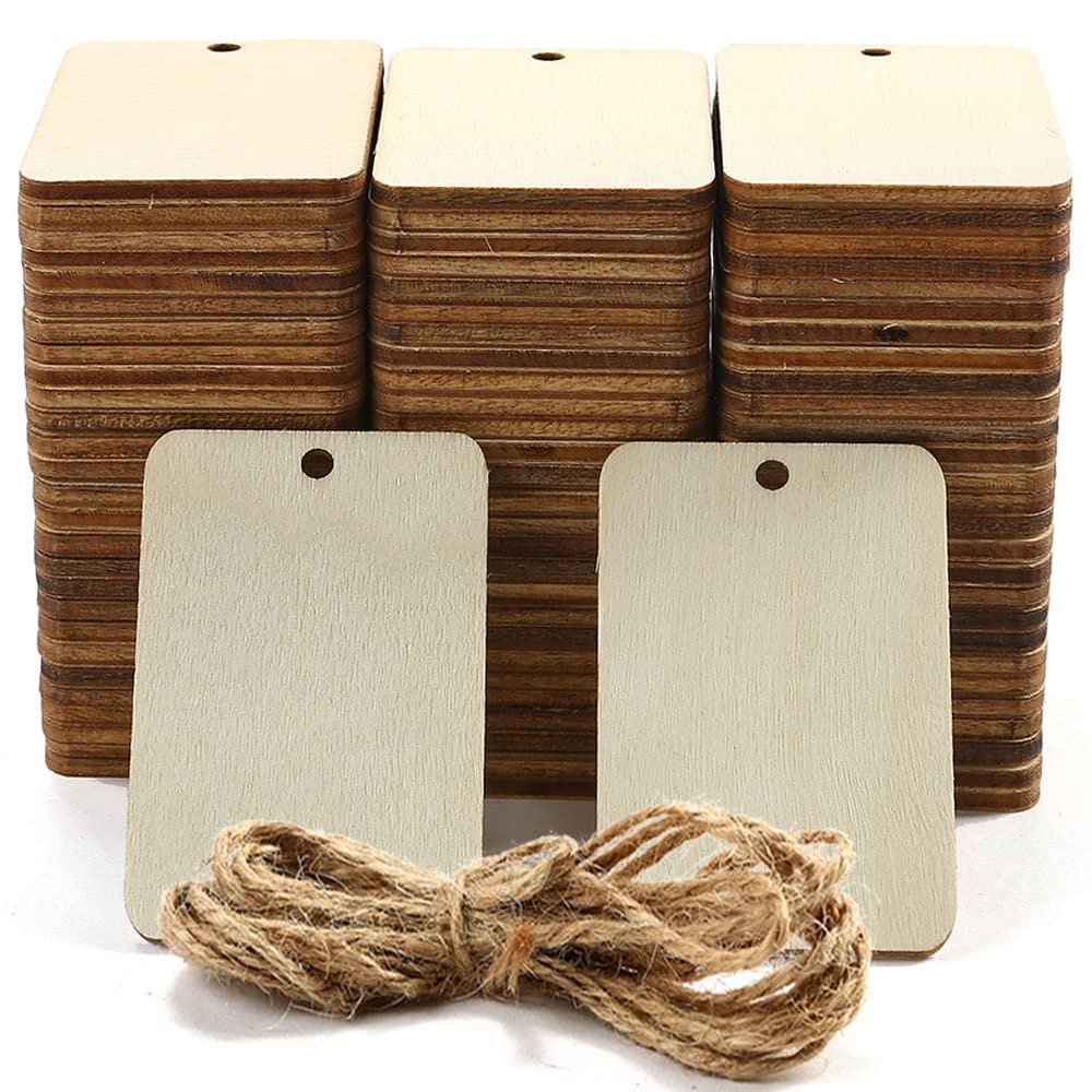 Unfinished wood rectangle cutouts with holes and a bundle of hemp rope on a white background.