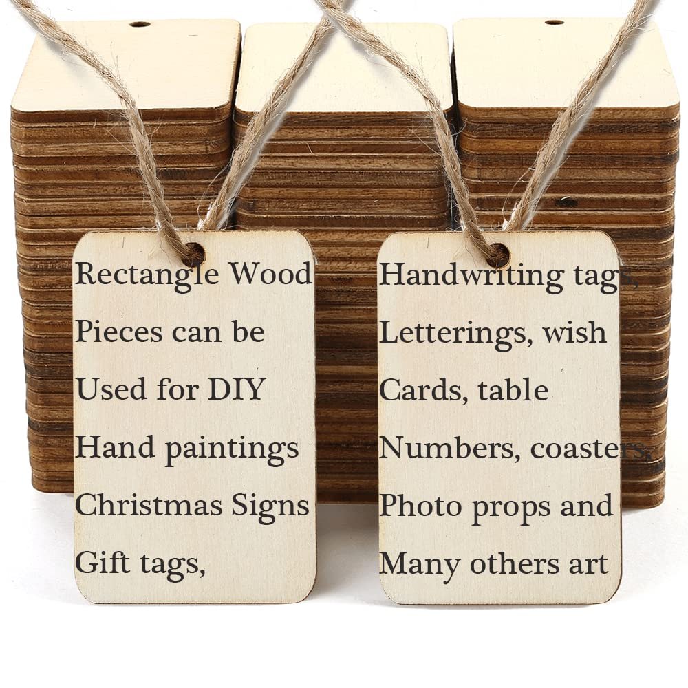 Stack of unfinished wood rectangle cutouts with hemp rope, two tags show text about DIY uses.