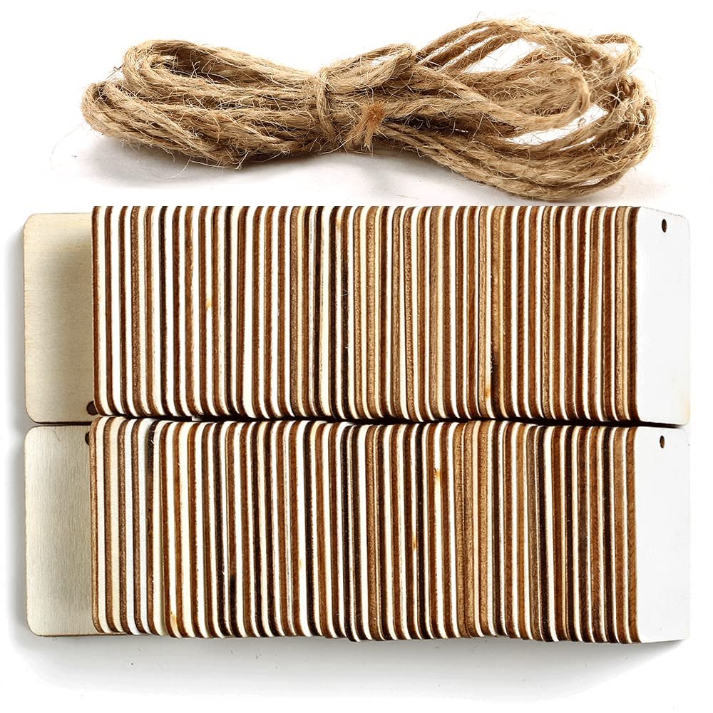 Two stacks of unfinished wood rectangle cutouts with a bundle of hemp rope on a white background.