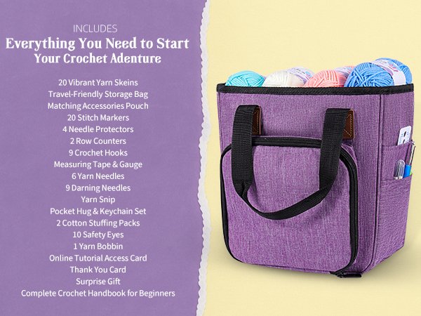 Purple crochet kit bag filled with yarn skeins and accessories, with a list of included items on the left.