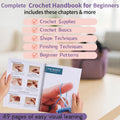 Crochet handbook for beginners showing chapters and detailed instructions on holding the hook, yarn, and making a slip knot.