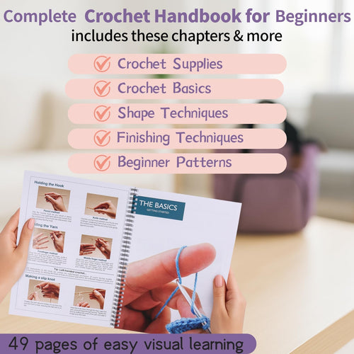 Crochet handbook for beginners showing chapters and detailed instructions on holding the hook, yarn, and making a slip knot.
