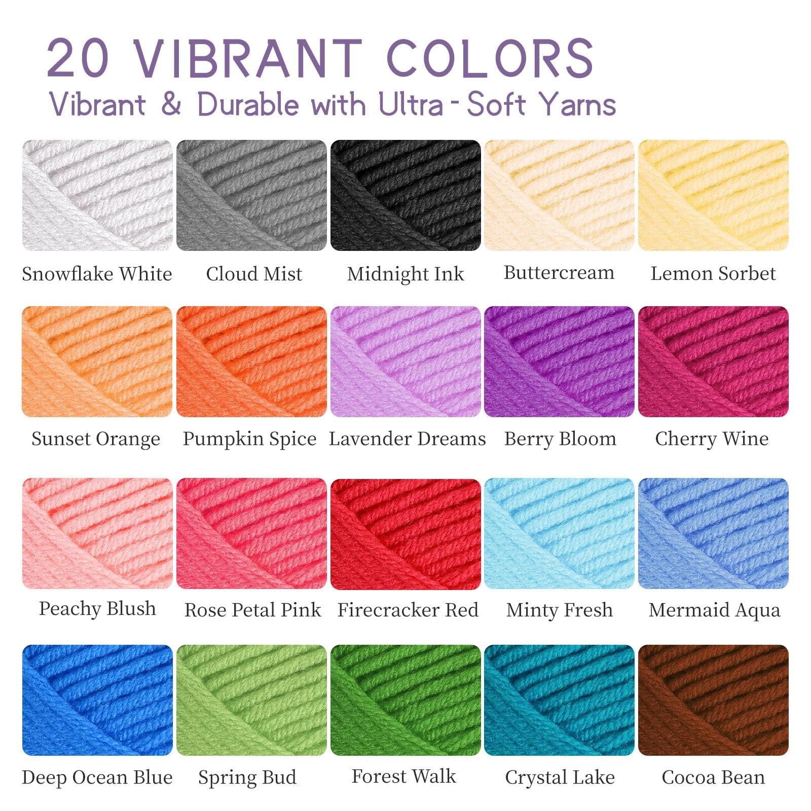 Swatches of 20 vibrant yarn colors with names like Snowflake White, Cloud Mist, and Cocoa Bean.