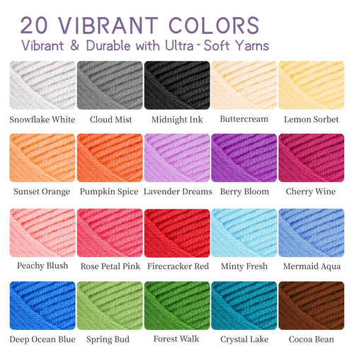 Swatches of 20 vibrant yarn colors with names like Snowflake White, Cloud Mist, and Cocoa Bean.