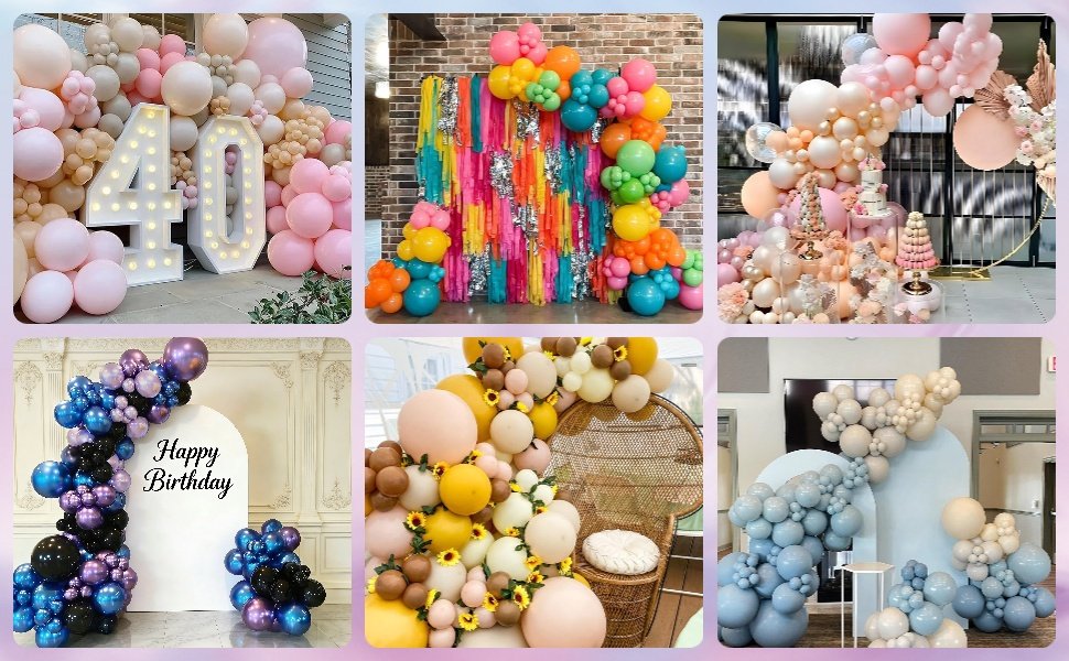 Collage of six balloon arrangements for parties, including a '40' marquee, colorful backdrop, elegant dessert table display, birthday arch, sunflower-themed garland, and blue-toned balloon decor.