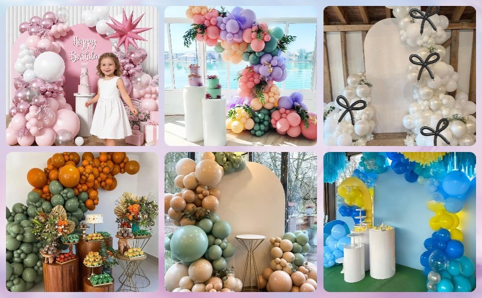 Collage of balloon arrangements for parties and events, including arches and garlands in various colors and styles.