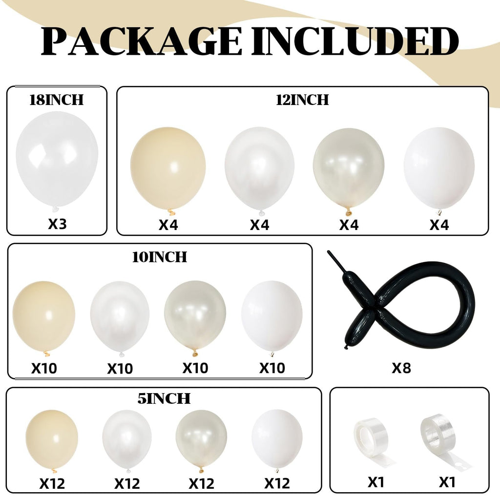 Package contents for a balloon arch kit, showing various sizes and colors of balloons, black twisting balloons, and tape.