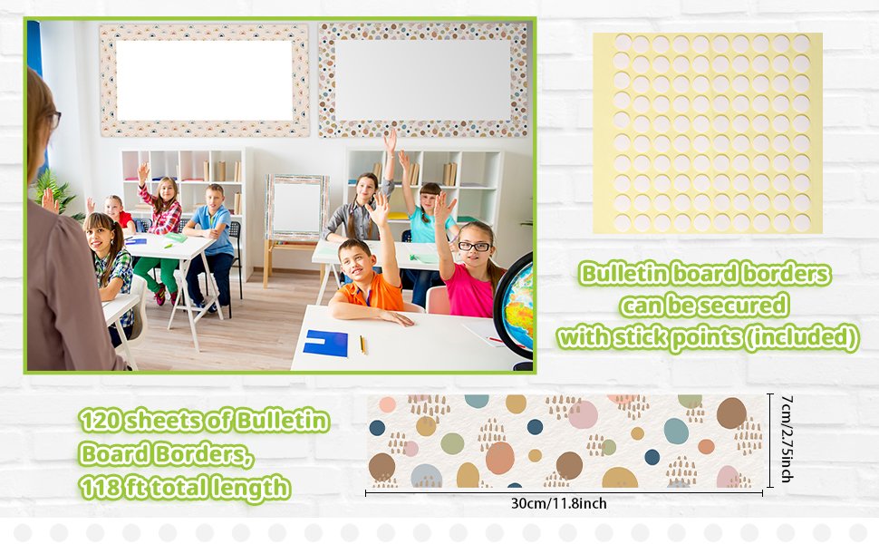 Classroom scene with students raising hands, bulletin boards decorated with scalloped borders, and a sheet of stick points.