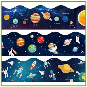Three rows of scalloped bulletin board border trim featuring space themes: planets, astronauts, rockets, and stars.