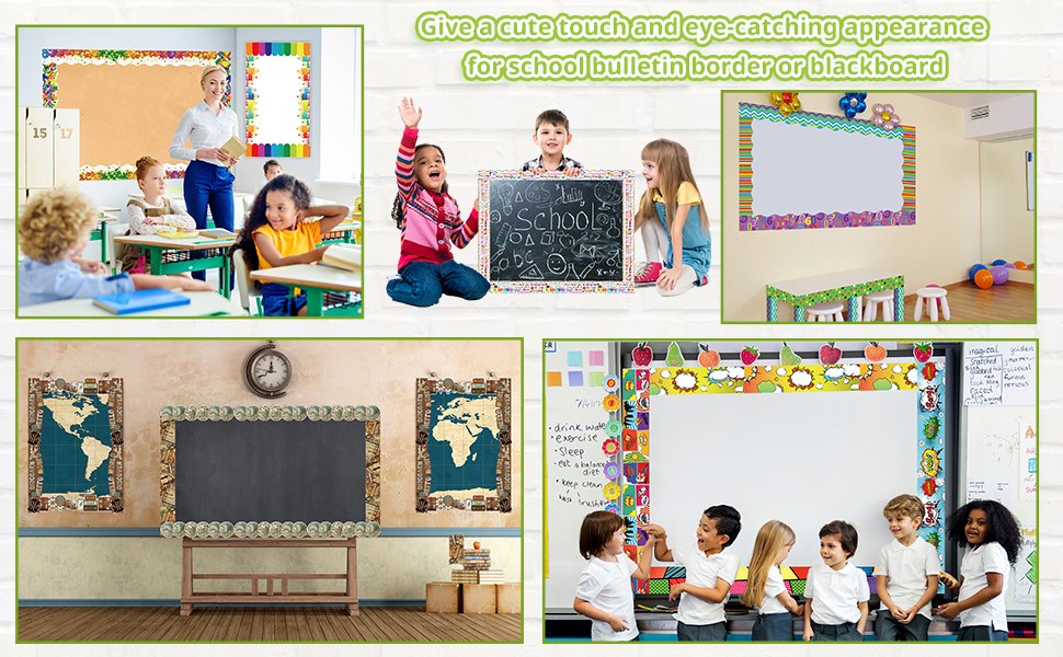 Collage of classroom scenes showing bulletin board borders and trim in use, with children and teachers.