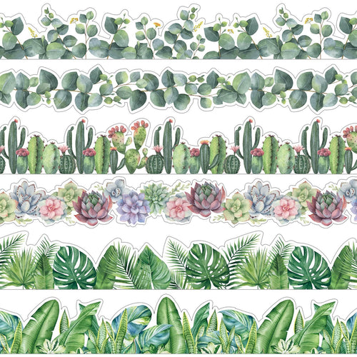 Six rows of decorative bulletin board border trim featuring eucalyptus leaves, cacti, succulents, and tropical leaves.
