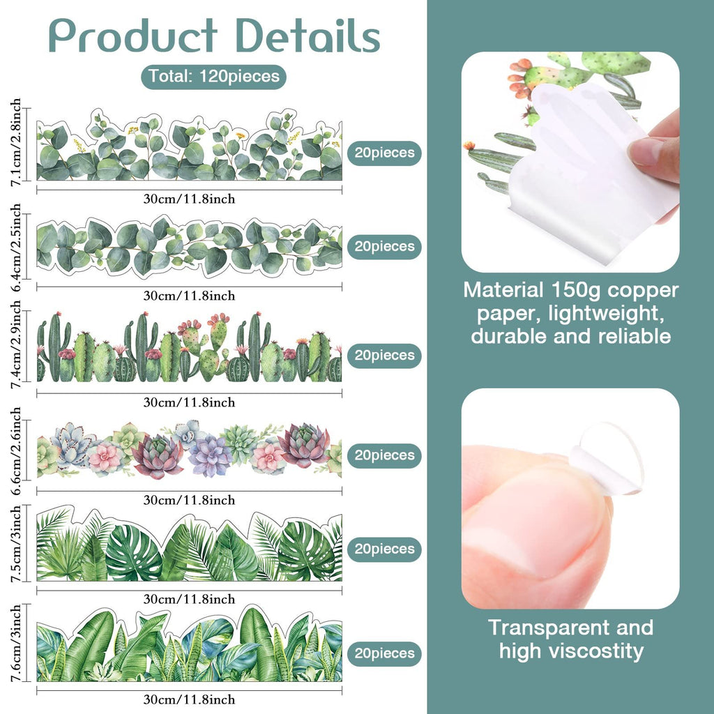 Six styles of decorative bulletin board border trim with botanical and succulent designs, shown with dimensions and piece counts.