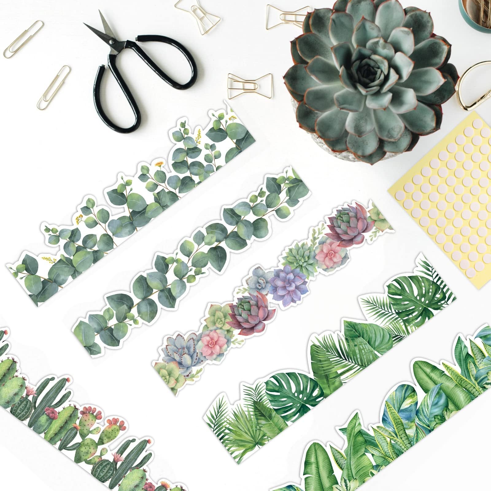 Assortment of decorative bulletin board border trims with botanical designs including eucalyptus, succulents, cacti, and tropical leaves, arranged on a white surface with office supplies.