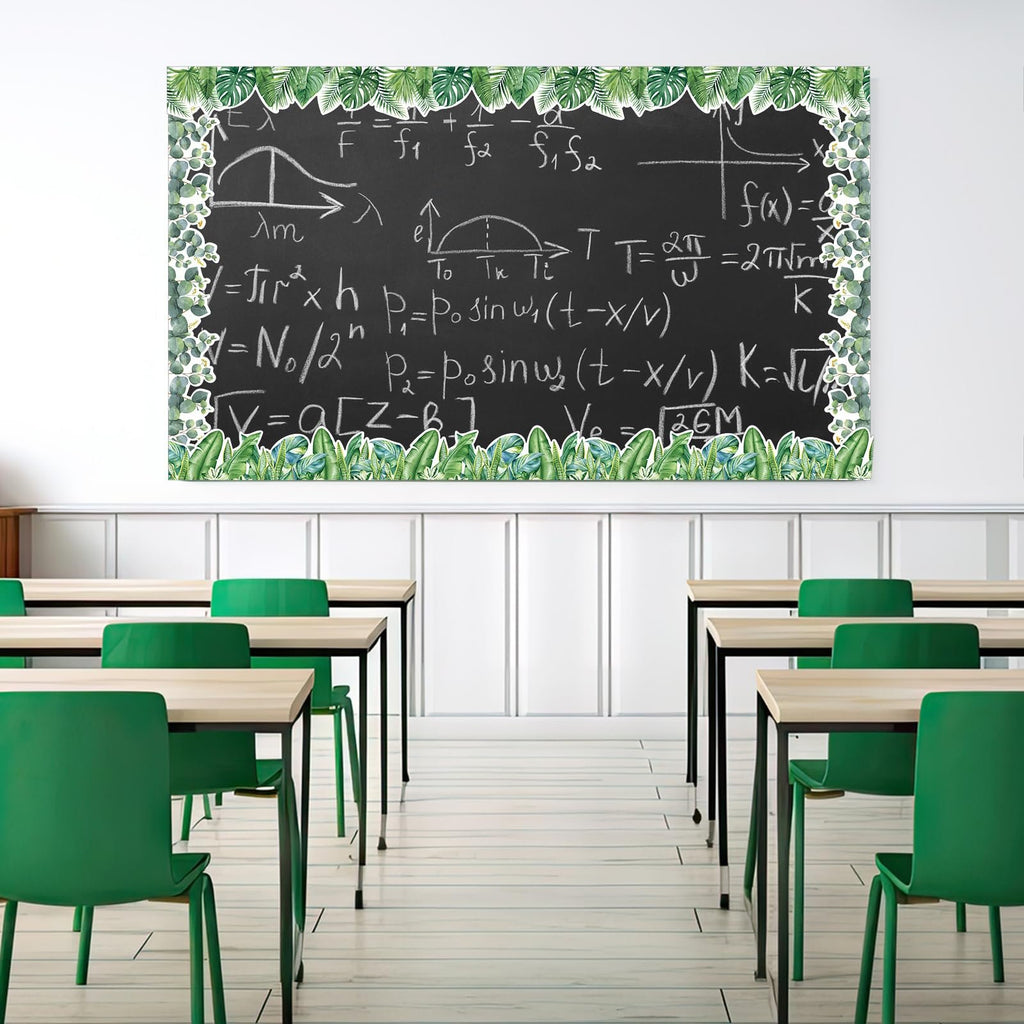 Classroom blackboard decorated with green tropical leaf bulletin board border trim