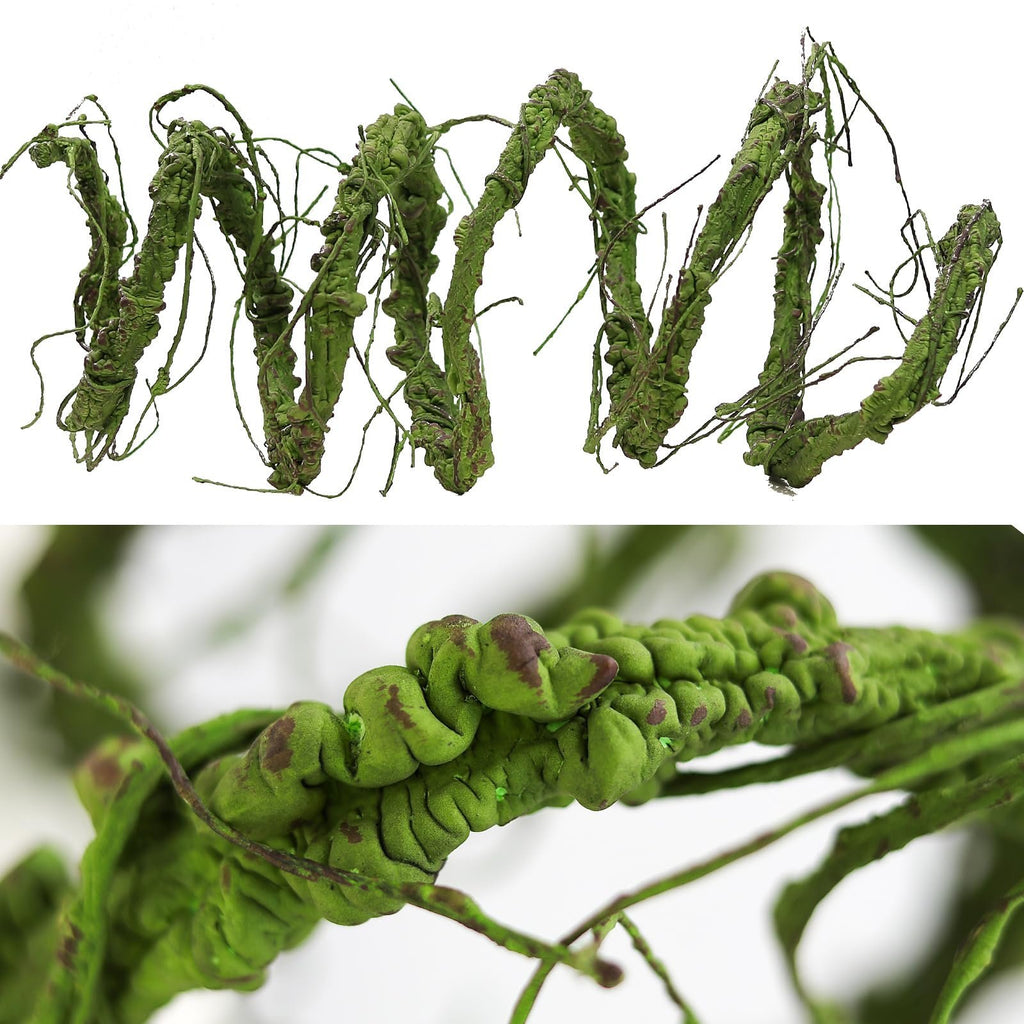 Two views of a bendable artificial green tree branch vine with a textured, bumpy surface and thin tendrils.