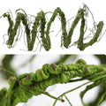 Two views of a bendable artificial green tree branch vine with a textured, bumpy surface and thin tendrils.