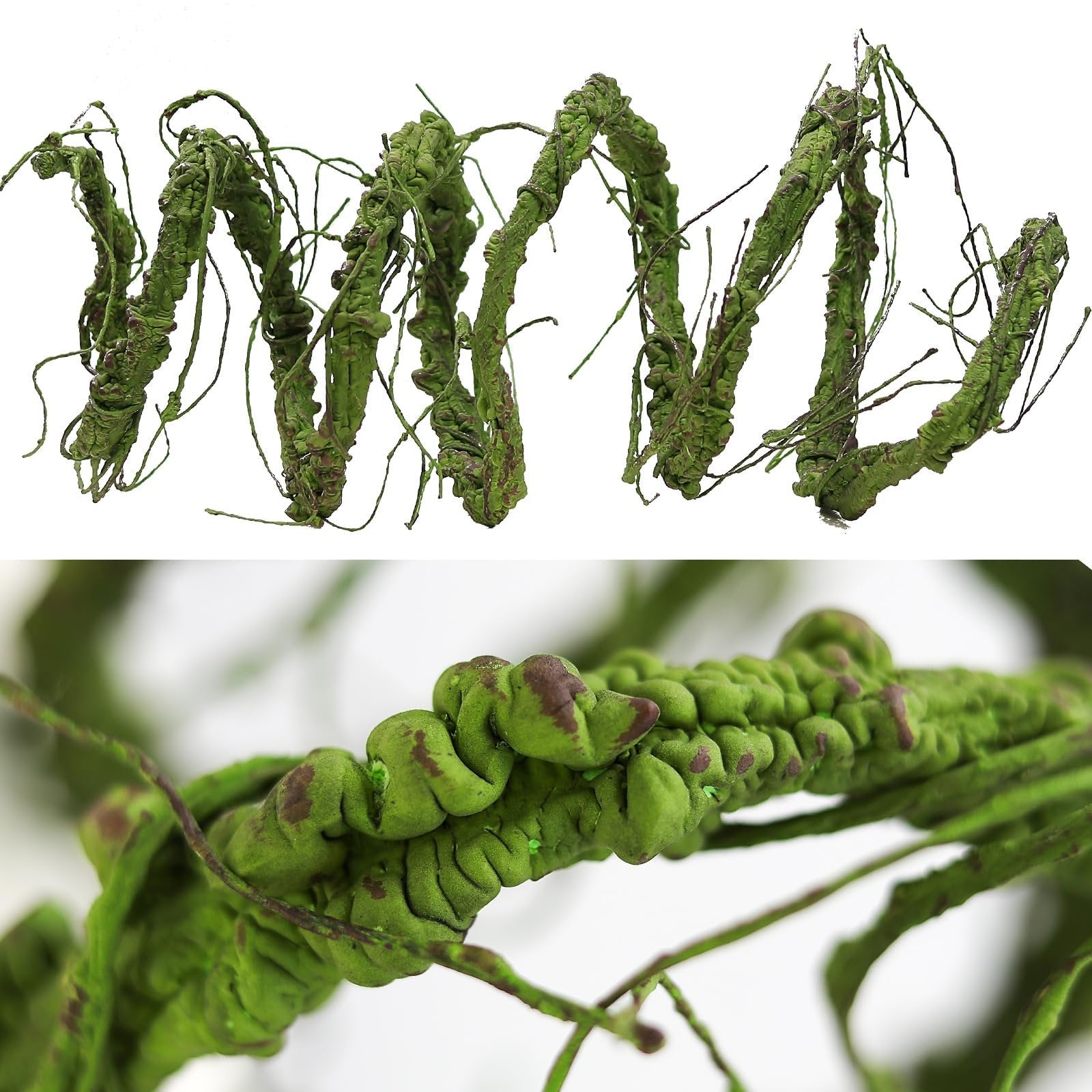 Two views of a bendable artificial green tree branch vine with a textured, bumpy surface and thin tendrils.