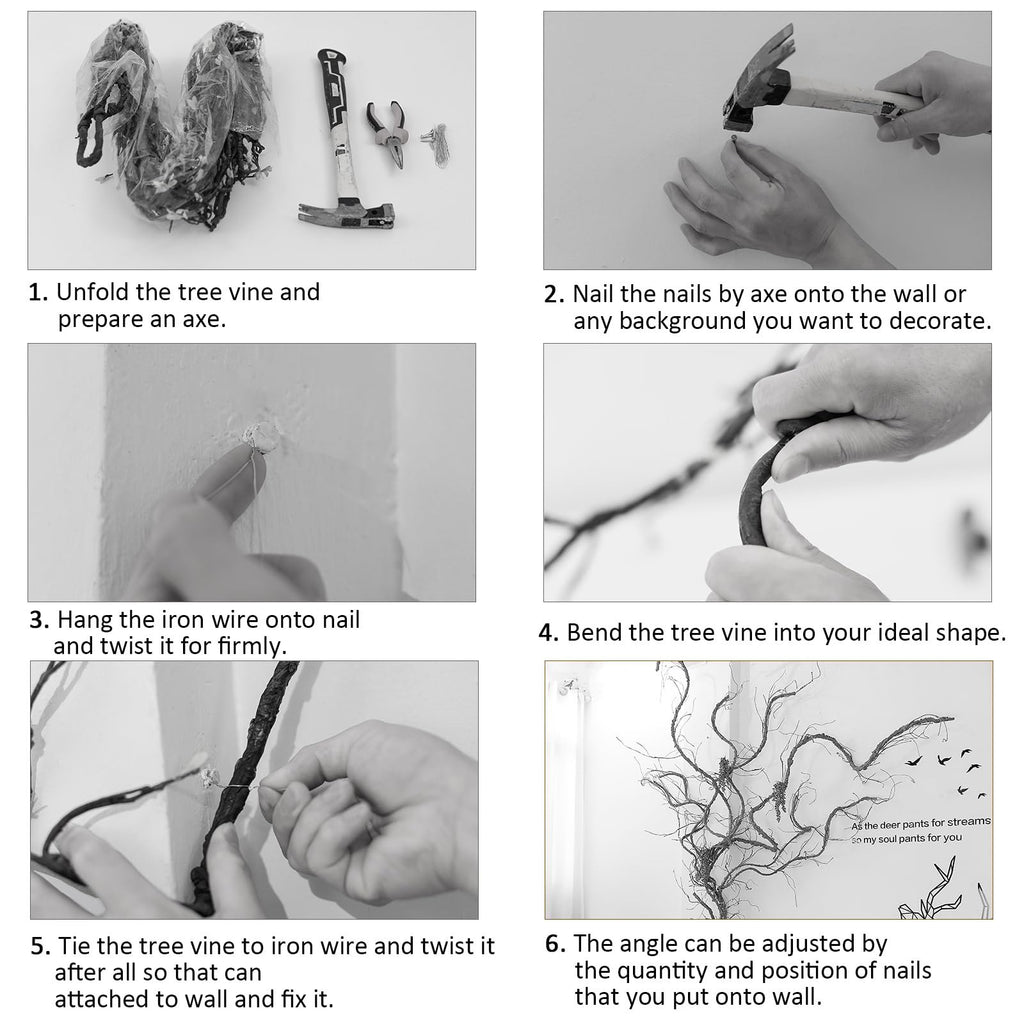 Collage of six images showing how to install an artificial tree vine on a wall, including tools and steps.