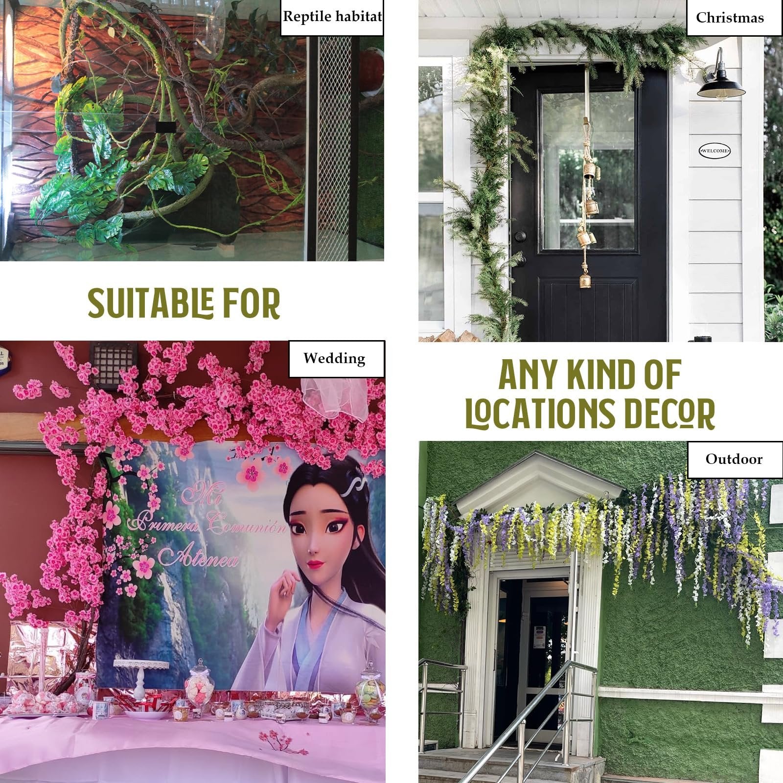 Collage of four scenes showing artificial green branches and vines used for decor in various settings like a reptile habitat, Christmas garland, wedding backdrop, and outdoor entryway.