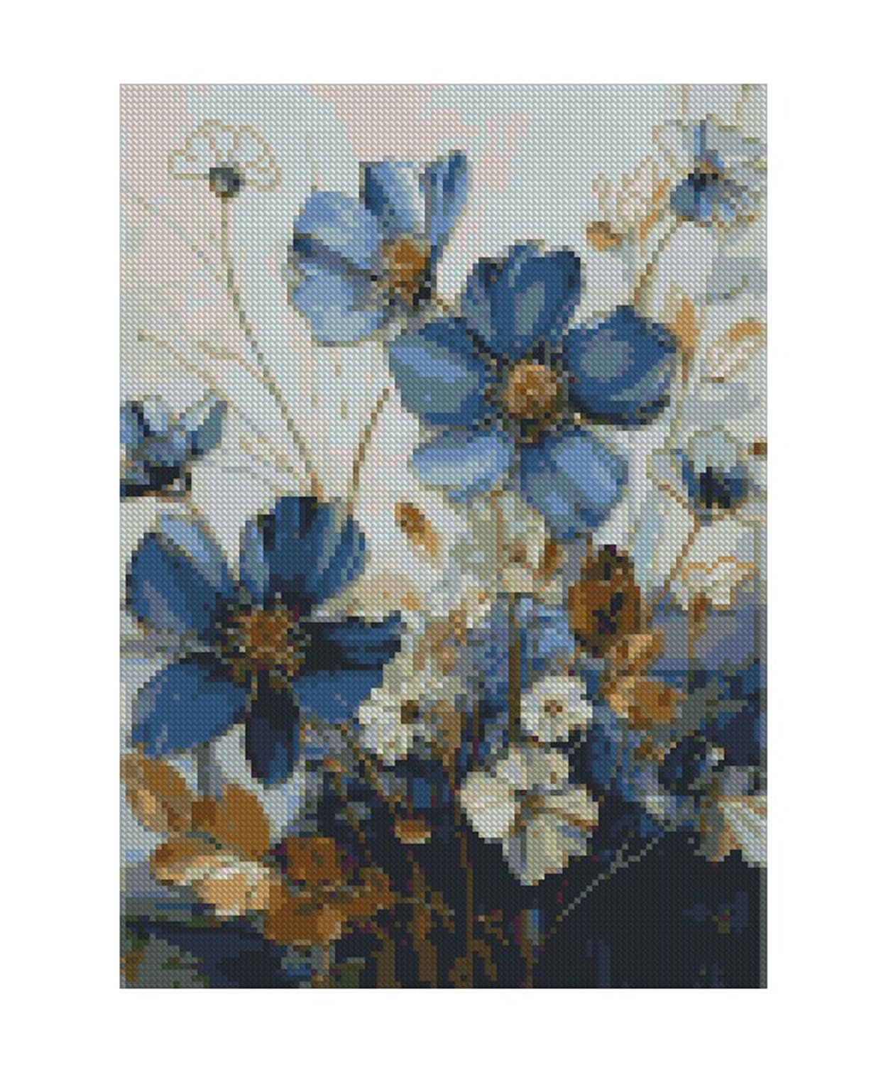Stamped cross stitch kit featuring a bouquet of blue and white flowers with brown accents, rendered in a pixelated style.
