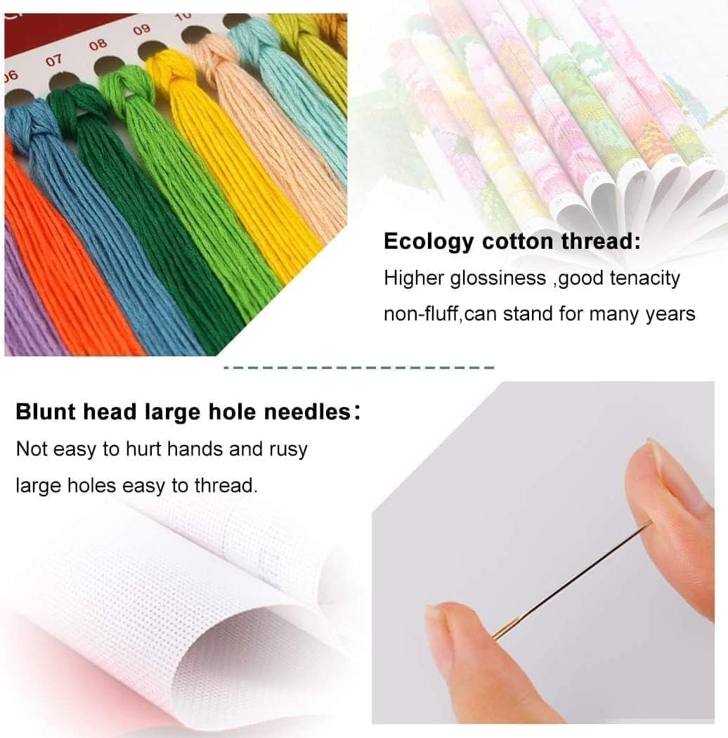 Stamped cross stitch kit components including colorful embroidery threads, blunt head needles, and fabric.