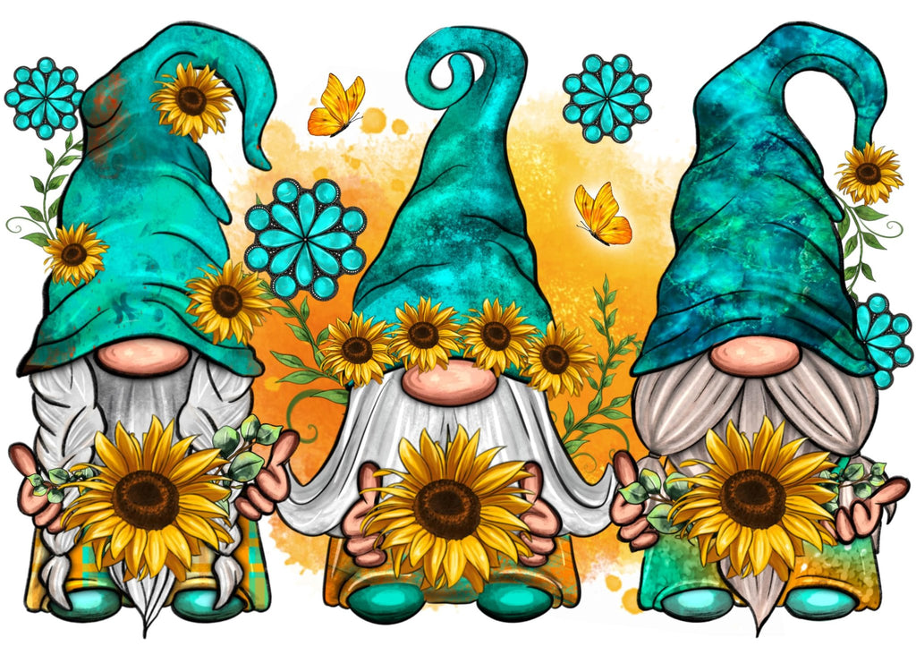 Three gnomes with sunflowers and butterflies, teal hats, white beards, and turquoise shoes.