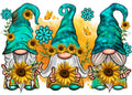 Three gnomes with sunflowers and butterflies, teal hats, white beards, and turquoise shoes.