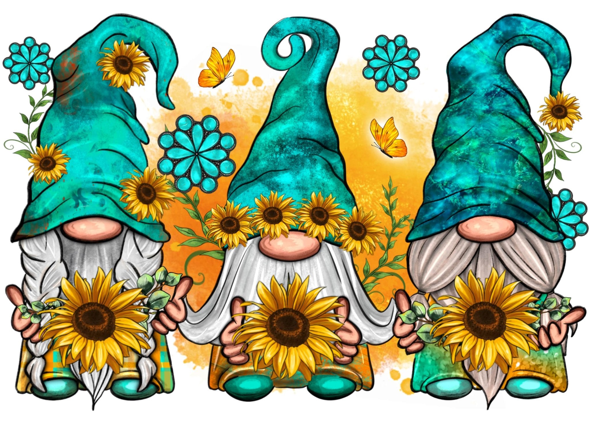 Three gnomes with sunflowers and butterflies, teal hats, white beards, and turquoise shoes.