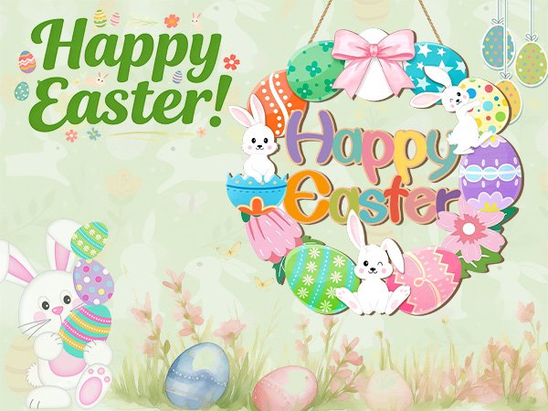 Easter door sign with bunnies and eggs, reads 'Happy Easter!'