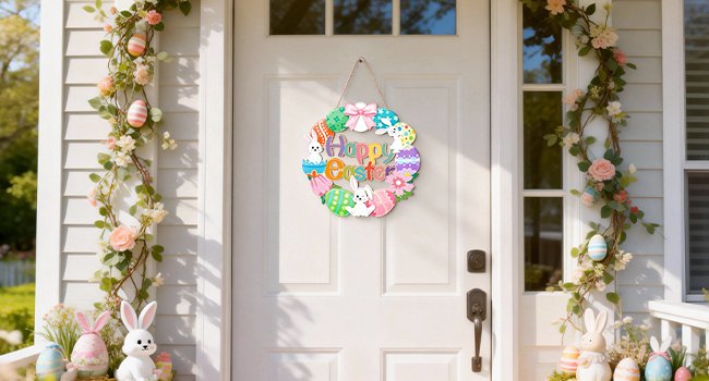 Easter door sign with bunny and egg wreath hanging on a white door, flanked by floral garlands.