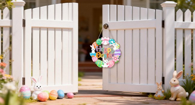 Easter door sign with bunny and egg wreath hanging on a white gate, with decorative eggs and bunnies on the ground.