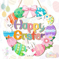 Easter wreath door hanger with bunnies, decorated eggs, and 'Happy Easter' text, hanging by twine with a pink bow.