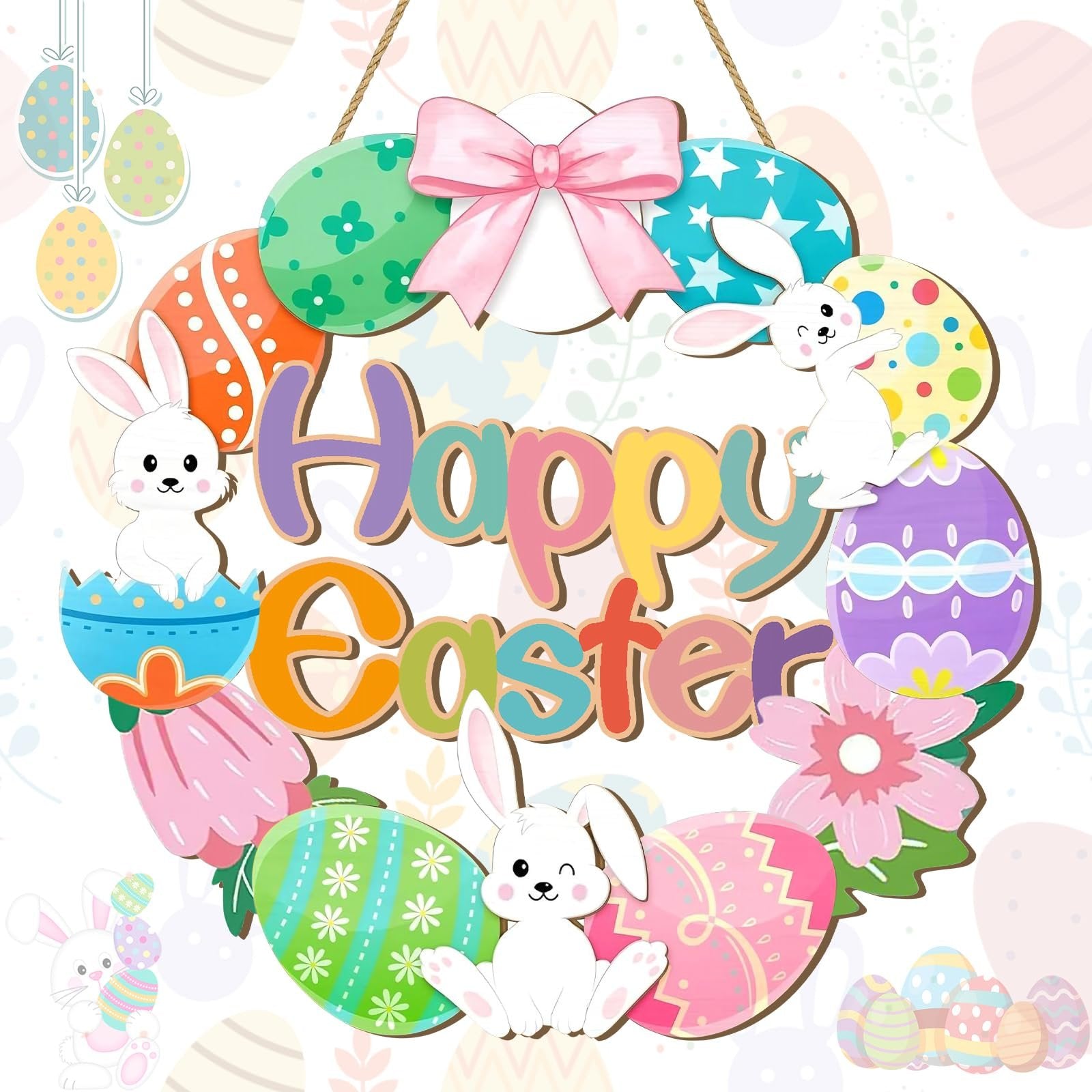 Easter wreath door hanger with bunnies, decorated eggs, and 'Happy Easter' text, hanging by twine with a pink bow.