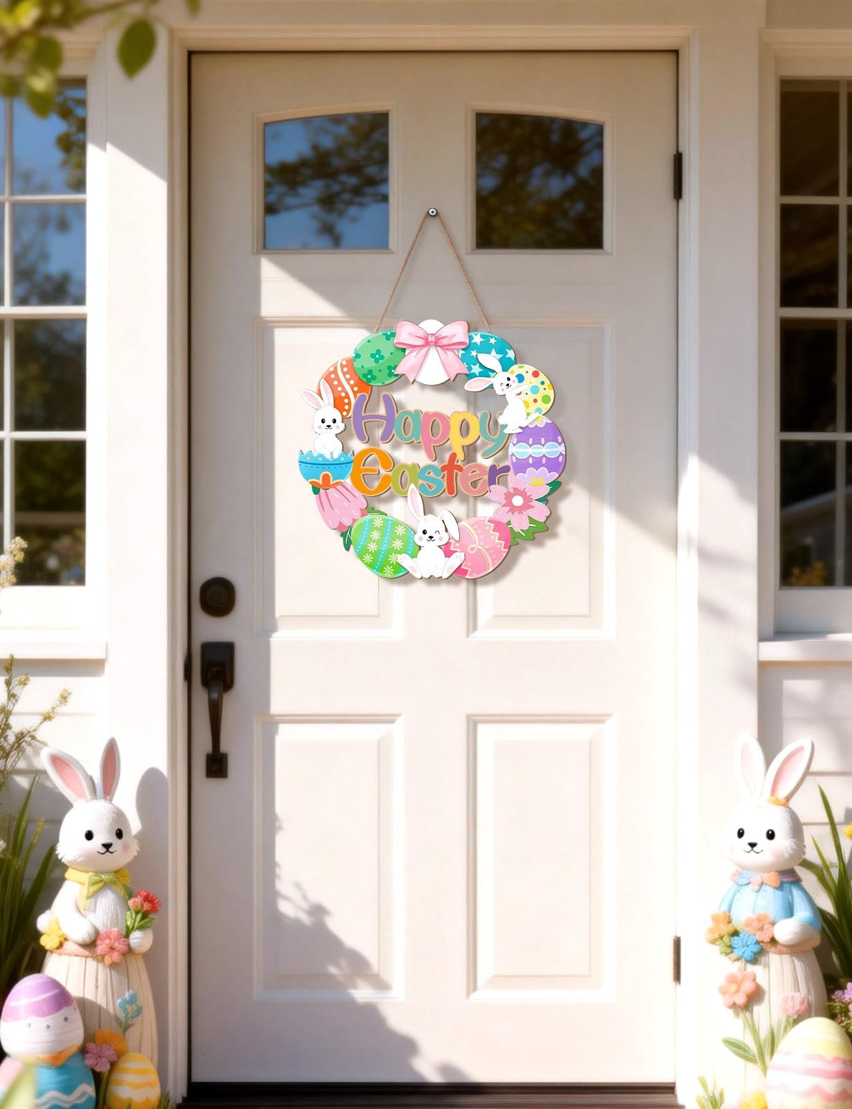 Easter wreath door hanger with bunnies and eggs, reads Happy Easter, hanging on a white door.