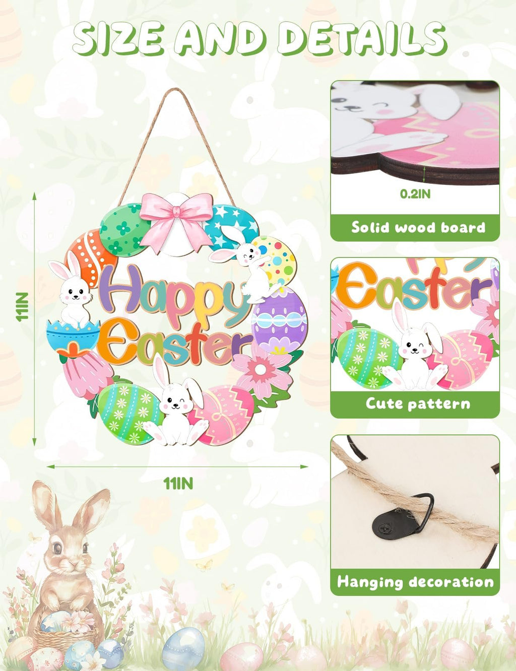 11x11 inch Easter door sign with bunnies and eggs, showing size and detail callouts.