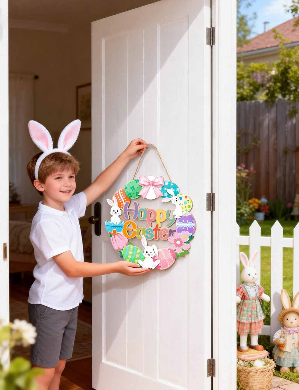 Boy wearing bunny ears holds a wooden Easter door sign with bunnies and eggs