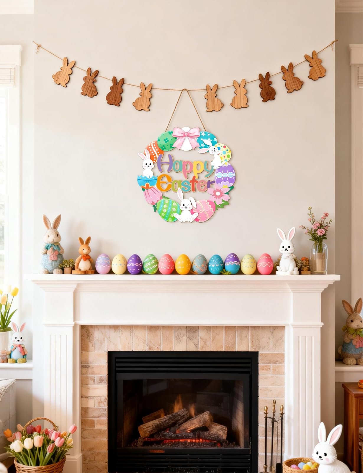 Easter mantelpiece decorated with a Happy Easter wreath, bunny garland, and colorful eggs.