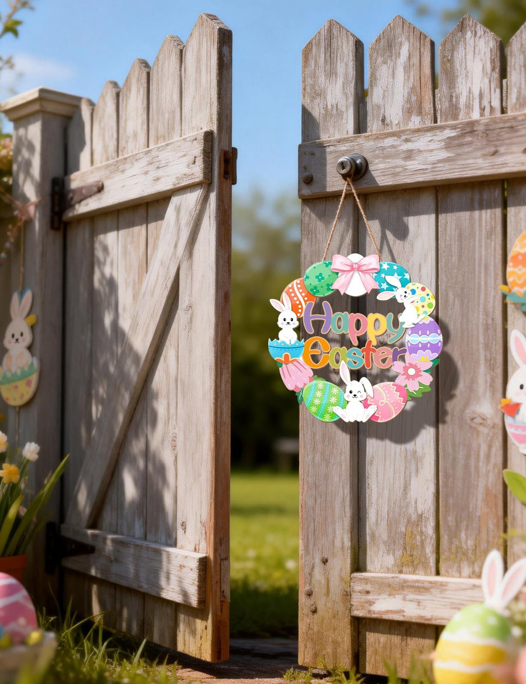 Easter door sign with bunny and egg wreath hanging on a wooden gate