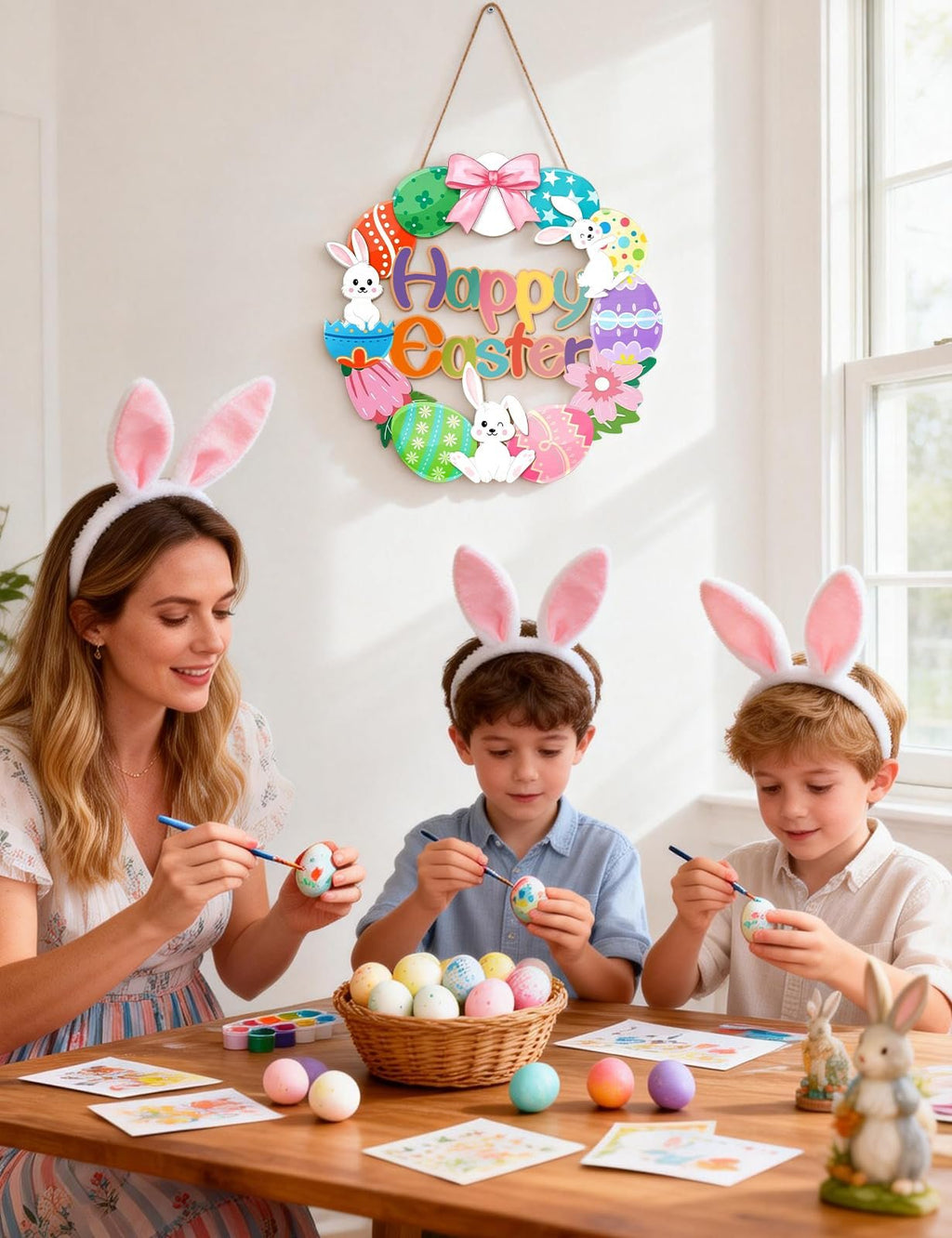 Family decorating Easter eggs with a Happy Easter wreath hanging on the wall