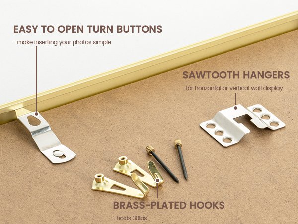 Gold aluminum picture frame hardware including turn buttons, sawtooth hangers, and brass-plated hooks on a brown surface.