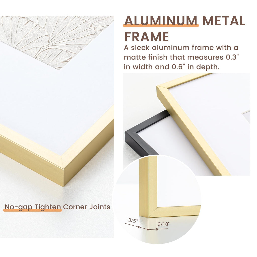 Close-up of gold and black aluminum picture frames, showing corner joints and dimensions.